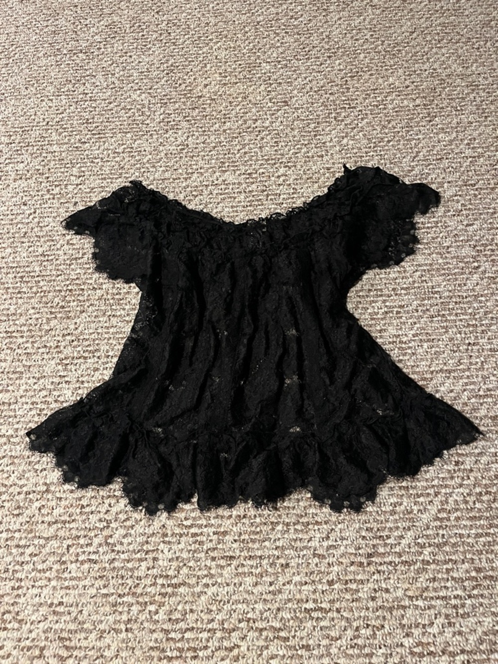 Odille Black Lace Off-Shoulder Ruffle Hem Top